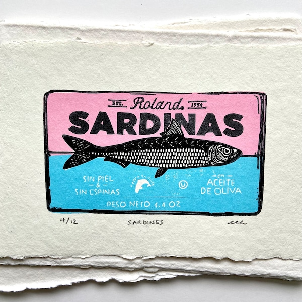 Sardines Print | Canned Fish Print | Tinned Fish |Cottagecore Print | Original Art | Block Print | Hand Carved | Hand Printed | Unframed