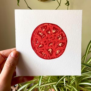Tomatenscheibe Blockdruck | Tomatenscheibe Linolschnitt | Tomate Kunst | Küchen Kunst | Juicy Red Tomate Linolschnitt | Sommer Kunst | Salzige Sammlung