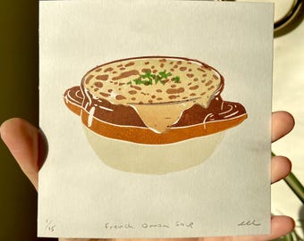 French Onion Soup Block Print. Food Wall Art. Kitchen Decor. Original Linocut.
