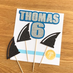 Shark Theme Cake Topper | Personalised | Name & Age Topper | Birthday | Customised Cake Decoration | Shark Fins