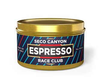 Espresso Martini Racing Candle -- Coffee Scented Coconut-soy Candle in 8oz Tin - for Racing/Porsche Enthusiasts