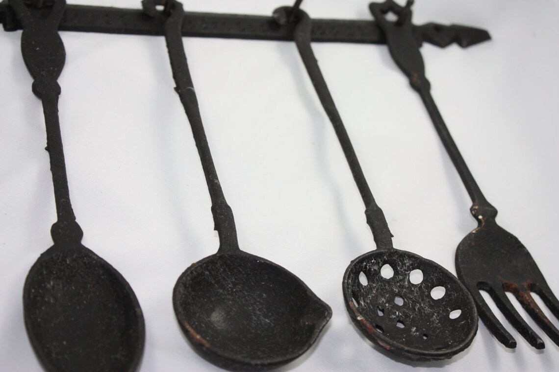 Vintage Old Cast Iron Kitchen Utensils 2 Ladles Spoon Fork Etsy