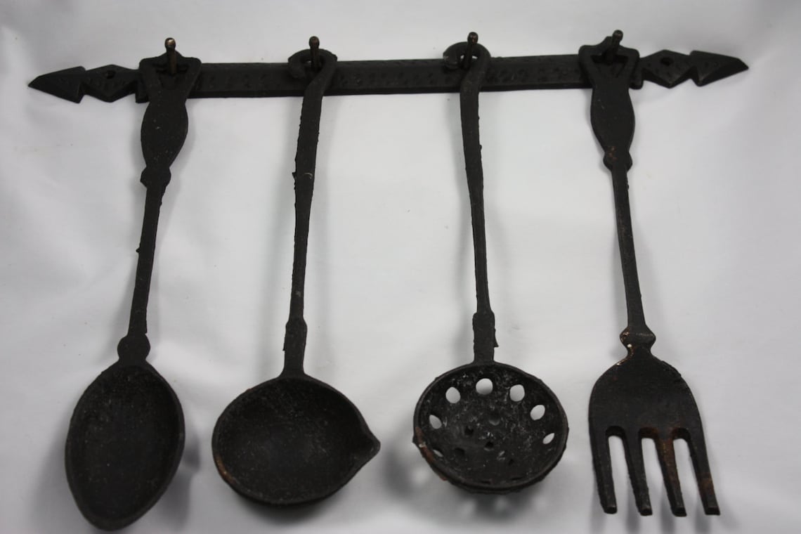 Vintage Old Cast Iron Kitchen Utensils 2 Ladles Spoon Fork Etsy