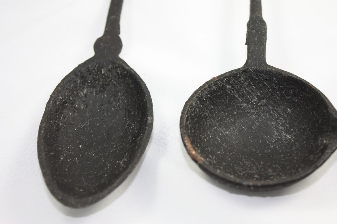 Vintage Old Cast Iron Kitchen Utensils 2 Ladles Spoon Fork Etsy