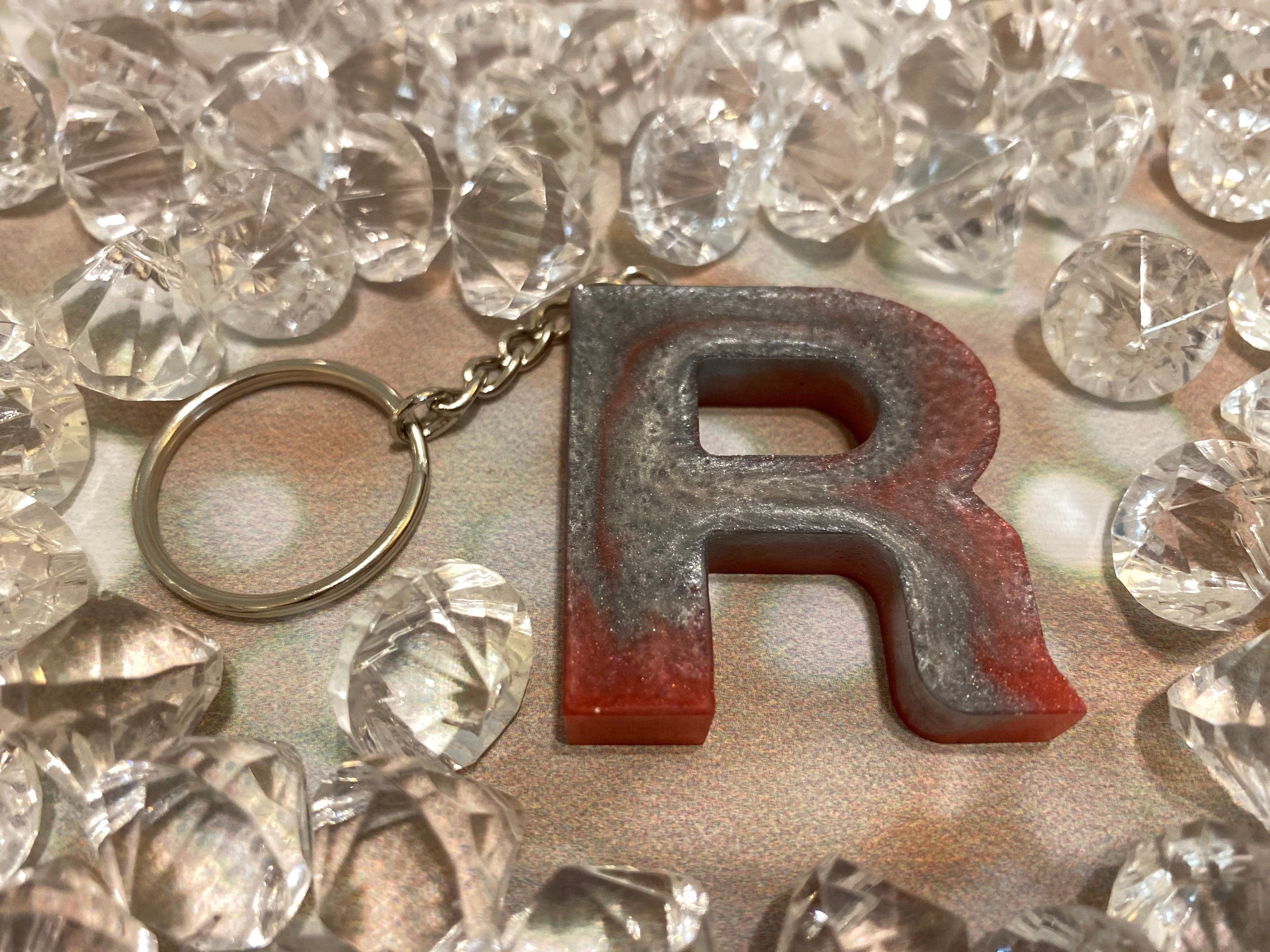 Resin Letter R Keychain Alcohol Ink Mica Red Silver Etsy
