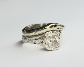 Cherish silver organic ring 1ct Moissanite cushion cut, alternative engagement ring
