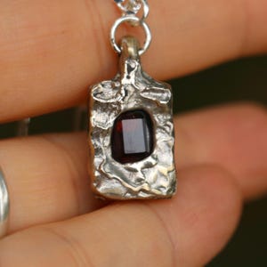Silver sandcast pendant with emerald cut garnet necklace handmade