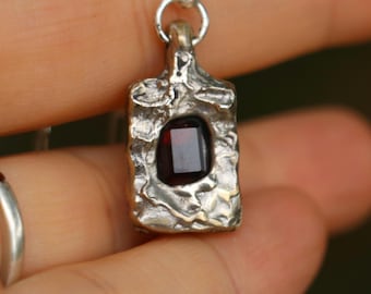 Silver sandcast pendant with emerald cut garnet necklace handmade