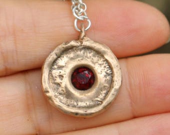 Sandcast reversable golden bronze silver garnet and ruby pendant necklace handmade