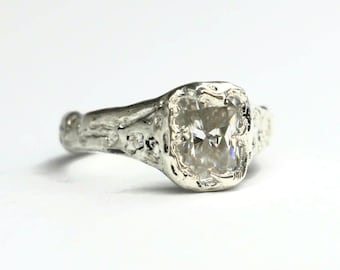 Molten Silver Ring organic textured ring 2ct Moissanite size 6 alternative engagement ring