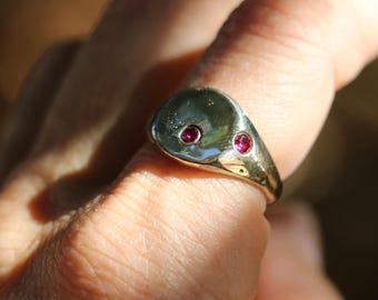 Sandcast bronze Signet Ring with Rubys Size 8