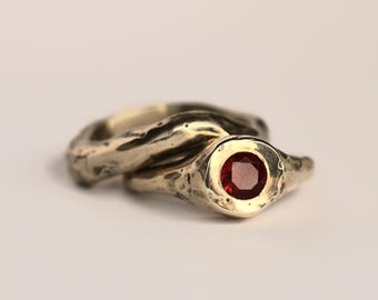 Sandcast Bronze Ring: Rustic Golden Band with Lab Garnet, Size 6