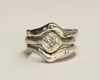 Organic Sterling Silver Cushion Cut Moissanite Engagement Ring – Hand Carved Band