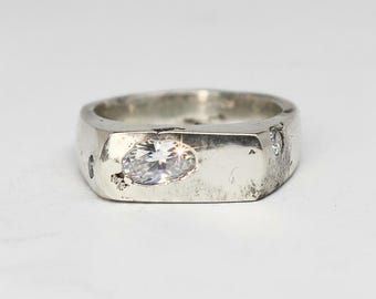 Sterling Silver Signet Ring with Cast in Place Moissanite | Sand Cast Ring | Handmade Rustic Statement Ring | size 6