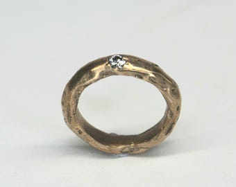 Covenant Ring 4.5US sandcast copper band rustic elegant stacking ring with moissanite