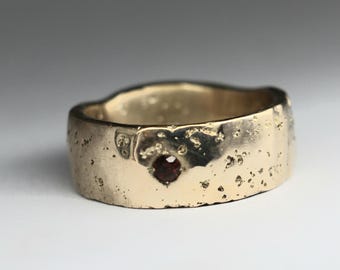 Sandcast Bronze Ring 9mm band with garnet Size 10.5