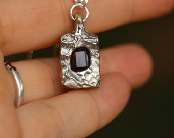 Silver sandcast pendant with emerald cut garnet necklace handmade