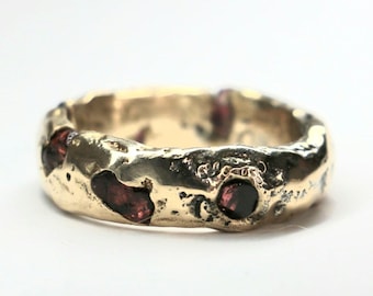Sand Cast Ring with Raw Sapphires | Organic bronze Band, Rustic Wedding Band size 7