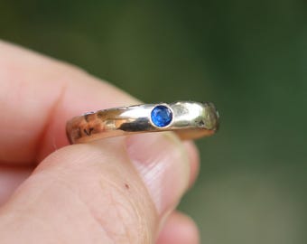 Golden bronze blue Sapphire sandcast band rustic elegant stacking ring