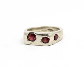 Sandcast Silver Bronze Signet Ring with Cast-in-Place Garnet Zircon | Rustic Handmade Signet Ring | Unique Artisan Ring | Size 6