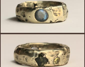 The 'Nomad' reversible sandcast rustic labradorite, citrine and peridot ring band
