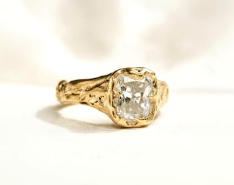 Molten 9ct Gold organic ring with 2ct moissanite handmade, alternative engagement ring