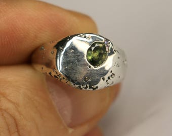 Sandcast Sterling Silver Signet Ring: Green Sapphire, Size 5.5
