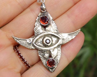 Seraphim sandcast necklace pendant with Garnet and lab garnet silver