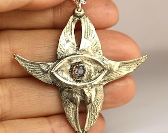 Seraphim silvery bronze sandcast necklace pendant with rose zirconia
