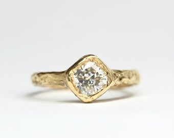 Rustic Cushion Cut Moissanite Ring in Organic Gold unique engagement ring