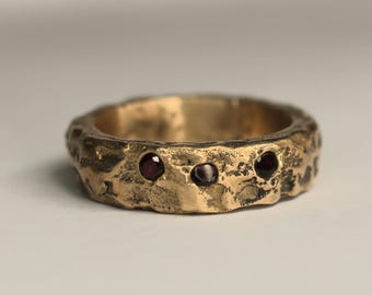 Sandcast Bronze Ring: Rustic 'Nomad' Band with Ruby Zircon (Size 10 US)
