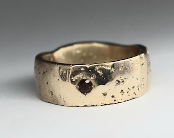 Sand Cast Garnet Ring | 9mm Rustic Gold Band, Organic Texture, Unisex Jewellery
