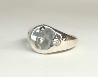 Silver Lunaris round signet with moissanite sandcast ring Made to order