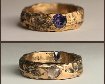 Rustic Sandcast Bronze Ring: the Nomad Clear Quartz and Amethyst Zircon, US 10.5