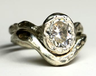 Ember sterling silver ring 2ct Moissanite size 6 molten handmade engagement ring