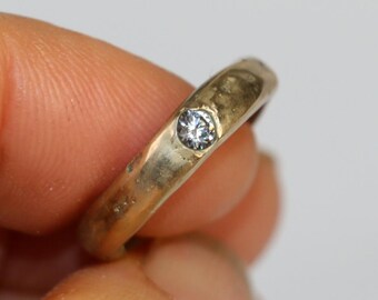 Covenant organic Ring 4.5US sandcast silver bronze band rustic elegant stacking ring with moissanite