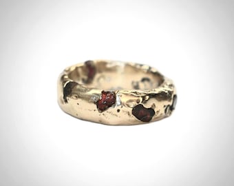 Sand Cast 9k 14k gold Ring with Raw Sapphires | Organic Band, Rustic Wedding Band