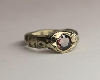 Sandcast Silver Ring: Rose Quartz Zircon Gemstone, Rustic Texture, Size 5US
