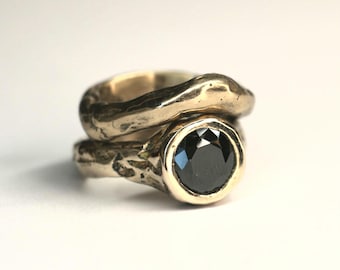 Bronze sandcast rustic ring band with lab onyx size 6