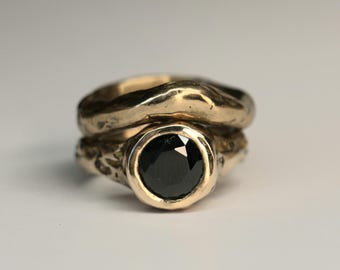 Bronze sandcast rustic ring band with lab onyx size 6
