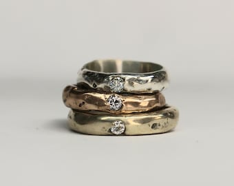 Molten Ring Sandcast Made to Order rustic elegant stacking ring silver with moissanite