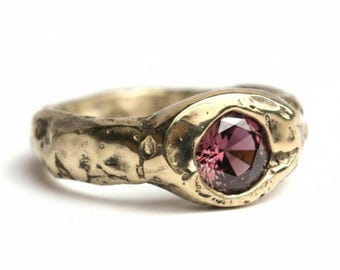 Organic sandcast Silver Ring: Rose Quartz Zircon, Rustic Texture, Size 5US