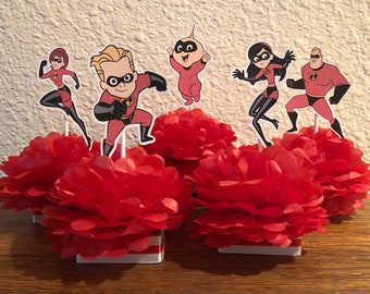 Incredibles Party Centerpiece: Satin Ribbon & Card Stock Decoration