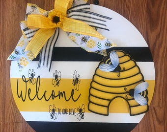 Bee Hive Door Hanger: Hand Painted Spring Welcome Wreath