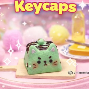 Copritasto artigianale a forma di gatto al cioccolato e menta – Copritasto a forma di gattino carino, copritasto Kawaii, accessorio per tastiera meccanica, regalo per gamer, decorazione per scrivania