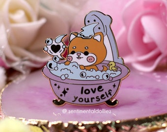 shiba inu enamel pin, shibainu pin, dog hard enamel pin, kawaii dog pin, dog lover pins, love yourself enamel pin, self love pin