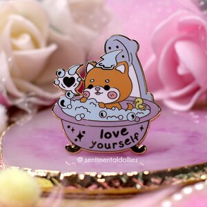 shiba inu enamel pin, shibainu pin, dog hard enamel pin, kawaii dog pin, dog lover pins, love yourself enamel pin, self love pin image 1