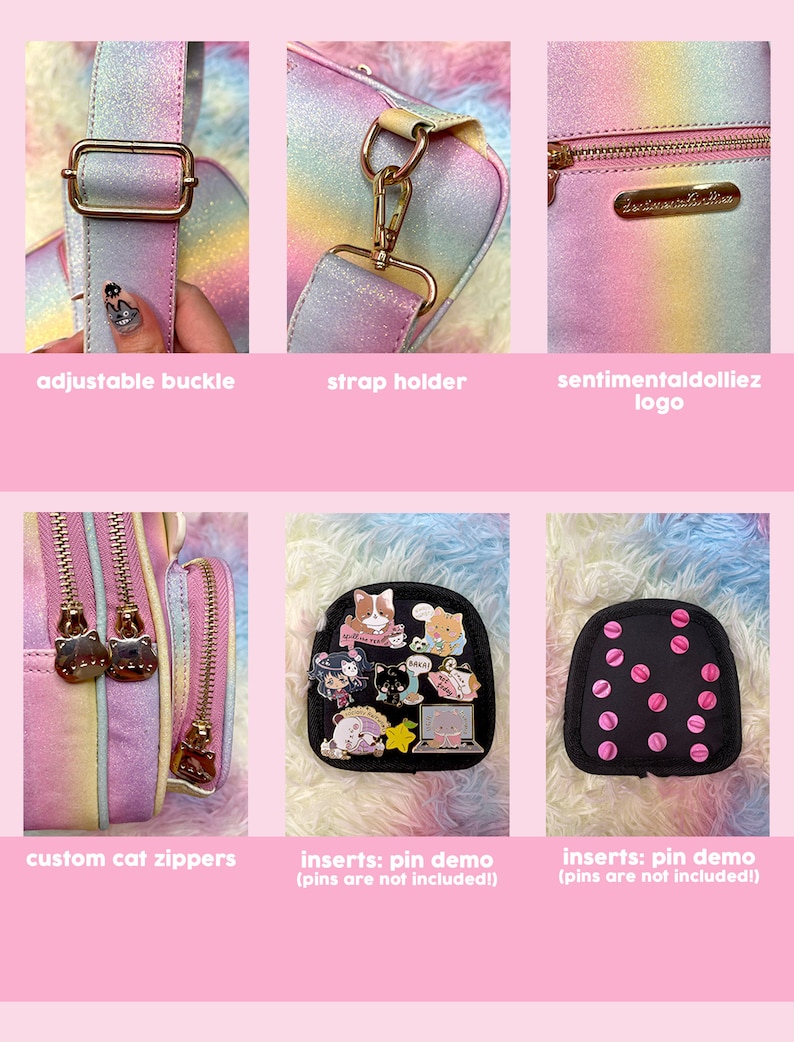K&ouml;nnte beinhalten: Ein Mini-Rucksack aus pastellfarbenem Regenbogen-Glitzer mit einem goldenen Trageriemenhalter, einer verstellbaren Schnalle und einem Rei&szlig;verschluss mit Katzenkopf-Zierb&auml;ndern. Die Tasche hat einen schwarzen Patch mit einem sentimentaldollliez-Logo und einen schwarzen Patch mit rosa und schwarzen Pin-Eins&auml;tzen.
