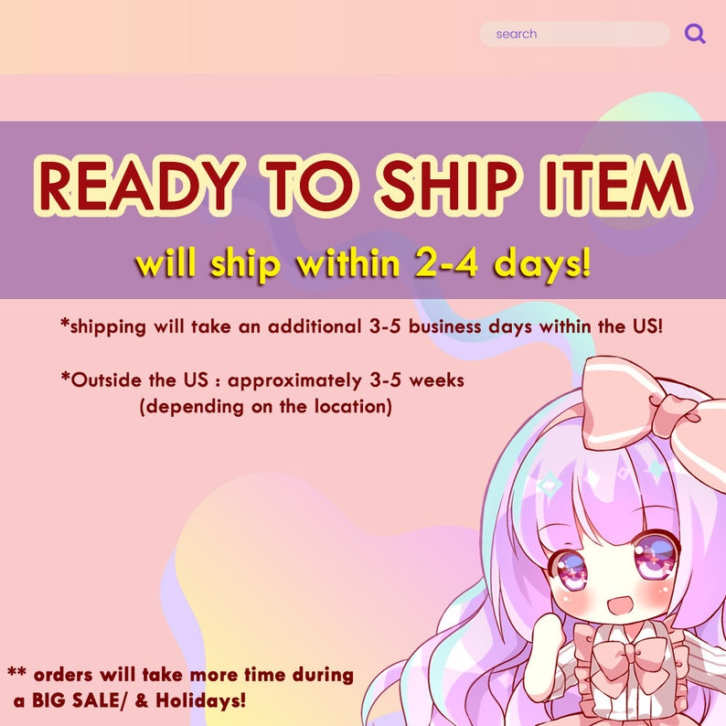 May include: A pink and purple cartoon illustration of a girl with a pink bow in her hair. The text "READY TO SHIP ITEM will ship within 2-4 days!" is displayed in red and yellow letters. The text "*shipping will take an additional 3-5 business days within the US!" is displayed in black letters. The text "*Outside the US: approximately 3-5 weeks (depending on the location)" is displayed in black letters. The text "** orders will take more time during a BIG SALE/ & Holidays!" is displayed in black letters.