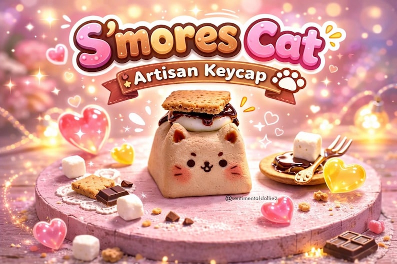 süße Katze Smores Tastenkappen - Artisan KeyCap - süße Tastenkappen - kawaii handwerkliche Tastenkappen - Tastenkappen für Gaming Tastatur - süße Katze Tastenkappe Bild 1